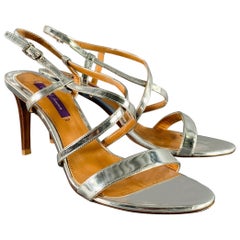 Sandales à lanières Ralph Lauren en cuir verni argenté métallisé, taille 7,5