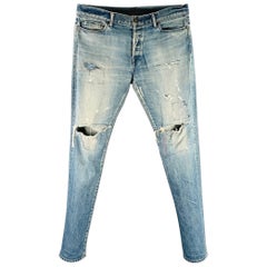 JOHN ELLIOTT Size 34 Blue Distressed Cotton Blend Button Fly Jeans