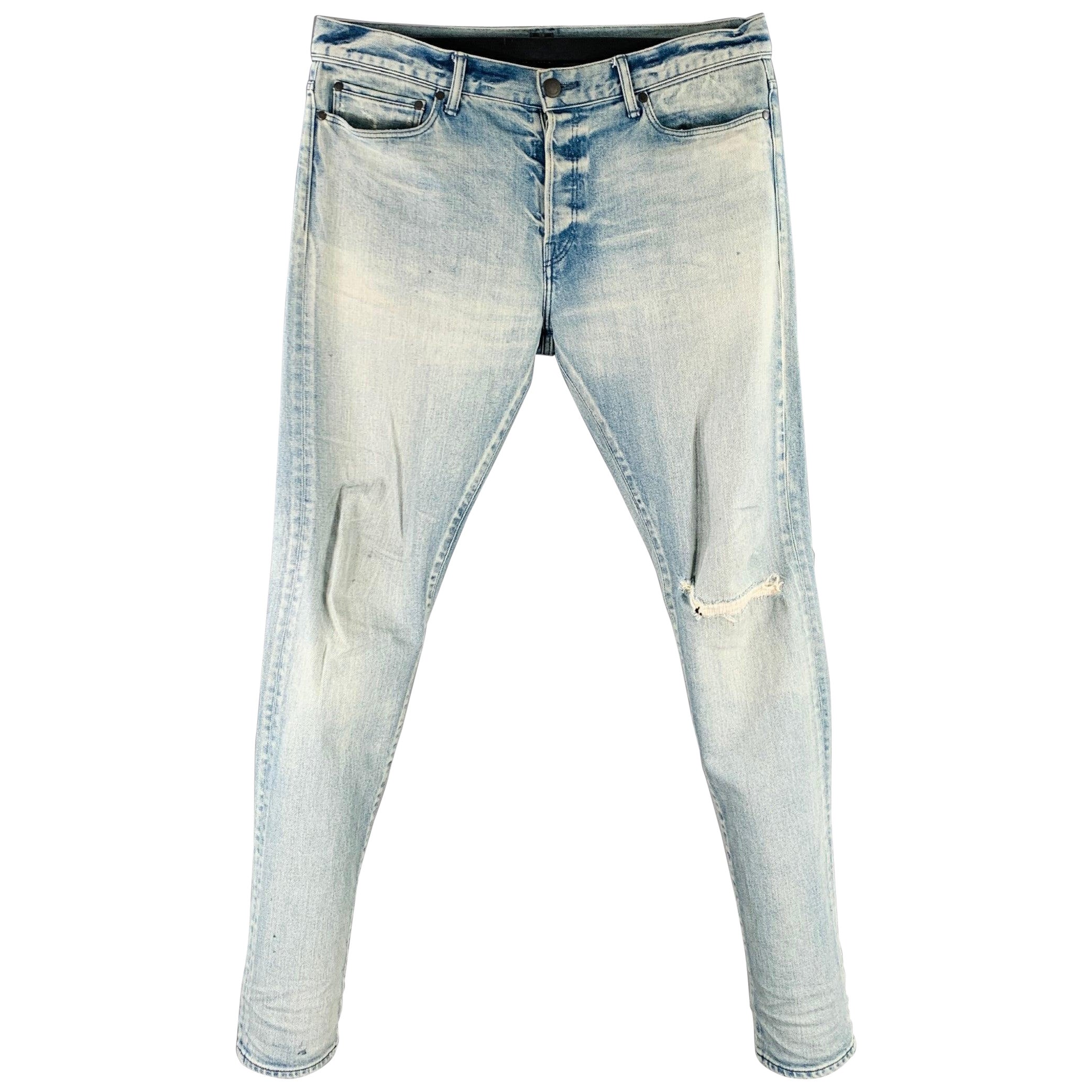 John Elliotts Taille 34 Blue Distressed Cotton Blend Button Fly Jeans