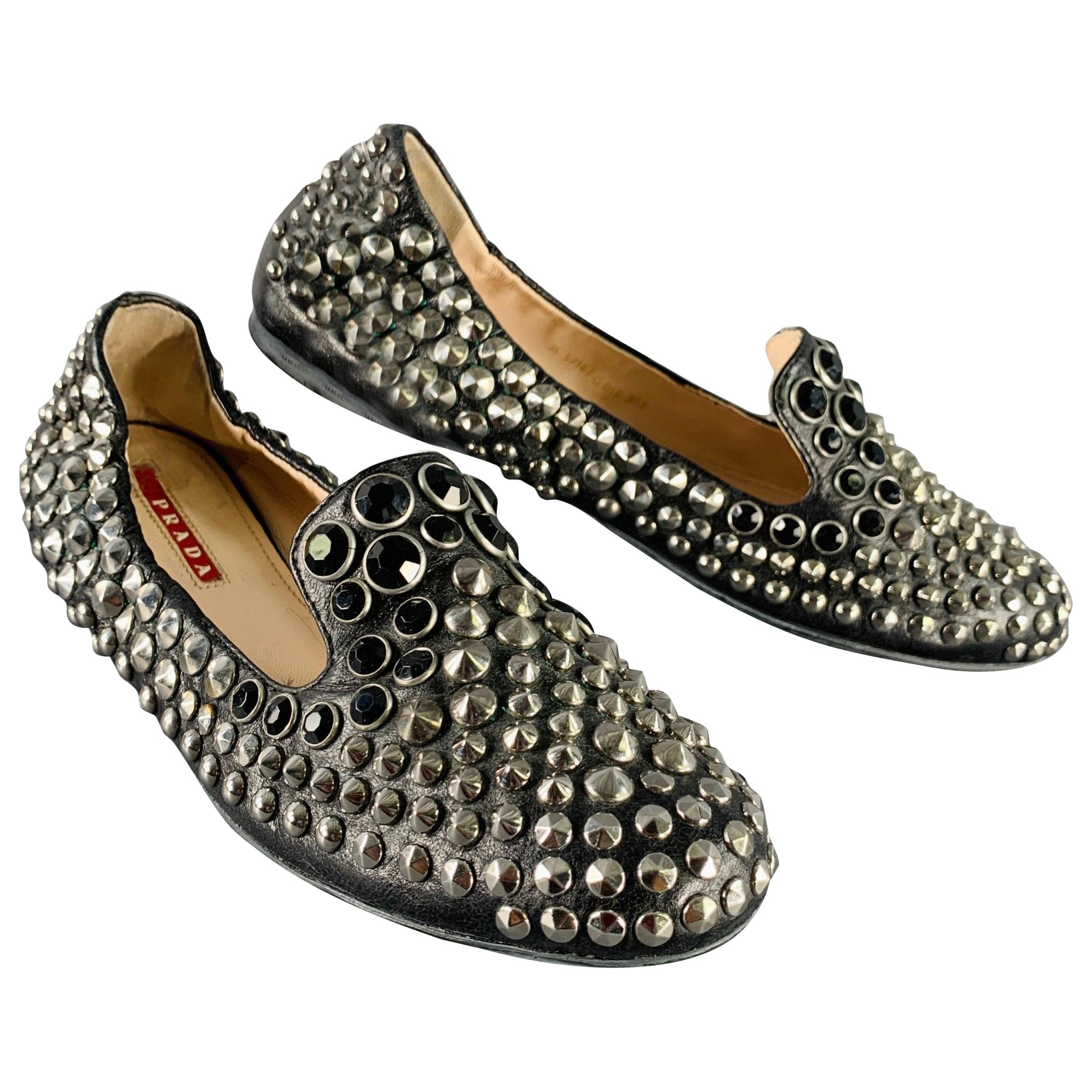 PRADA Size 7.5 Black Silver Leather Studded Slip On Loafers Flats For Sale