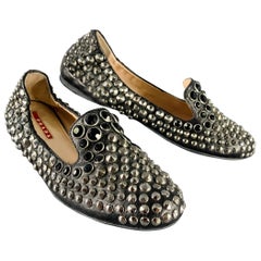 PRADA Size 7.5 Black Silver Leather Studded Slip On Loafers Flats