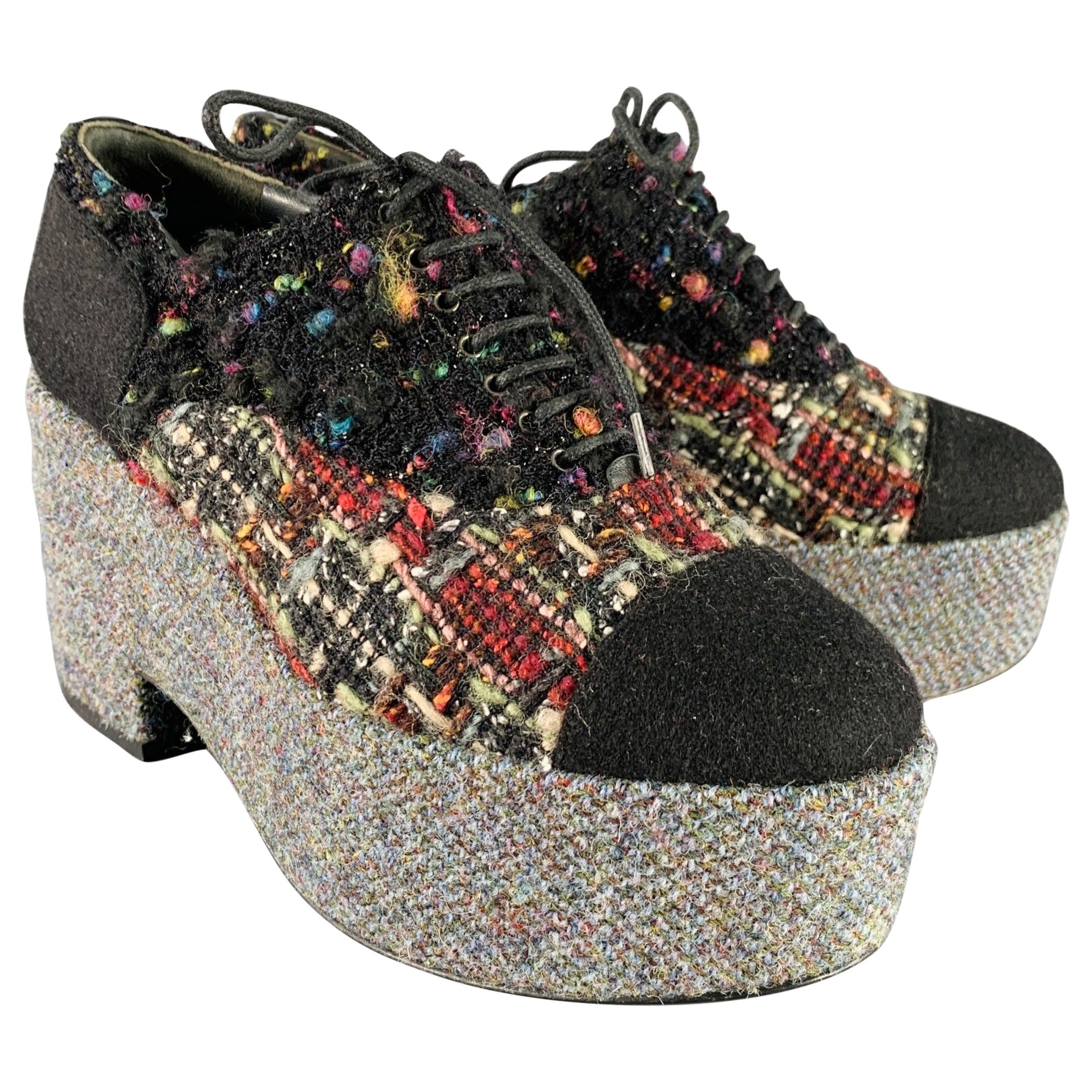 CHANEL Size 6.5 Black Red Grey Tweed Platform Oxford Flats For Sale