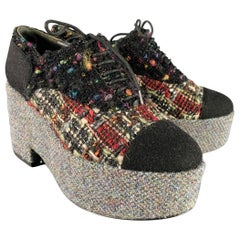 CHANEL Size 6.5 Black Red Grey Tweed Platform Oxford Flats