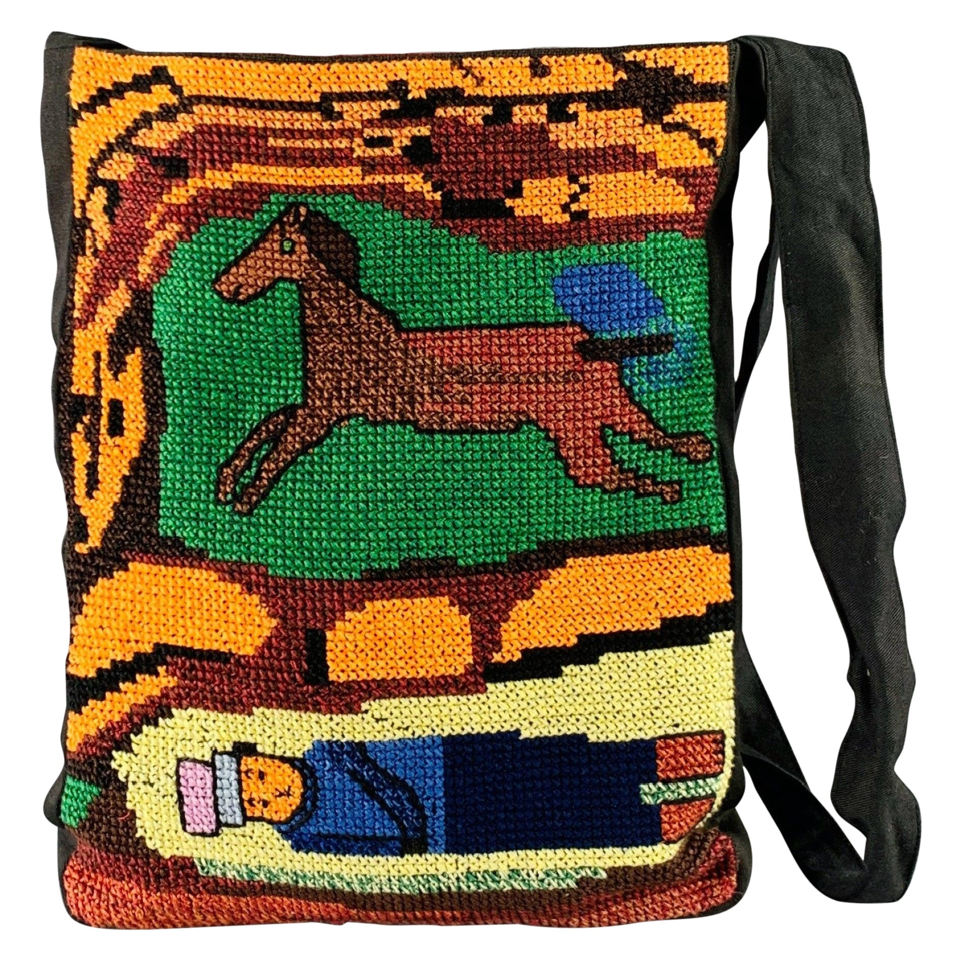 WALTER VAN BEIRENDONCK SS14 Budapest Schwarze mehrfarbige Crossbody-Tasche aus bestickter Baumwolle im Angebot