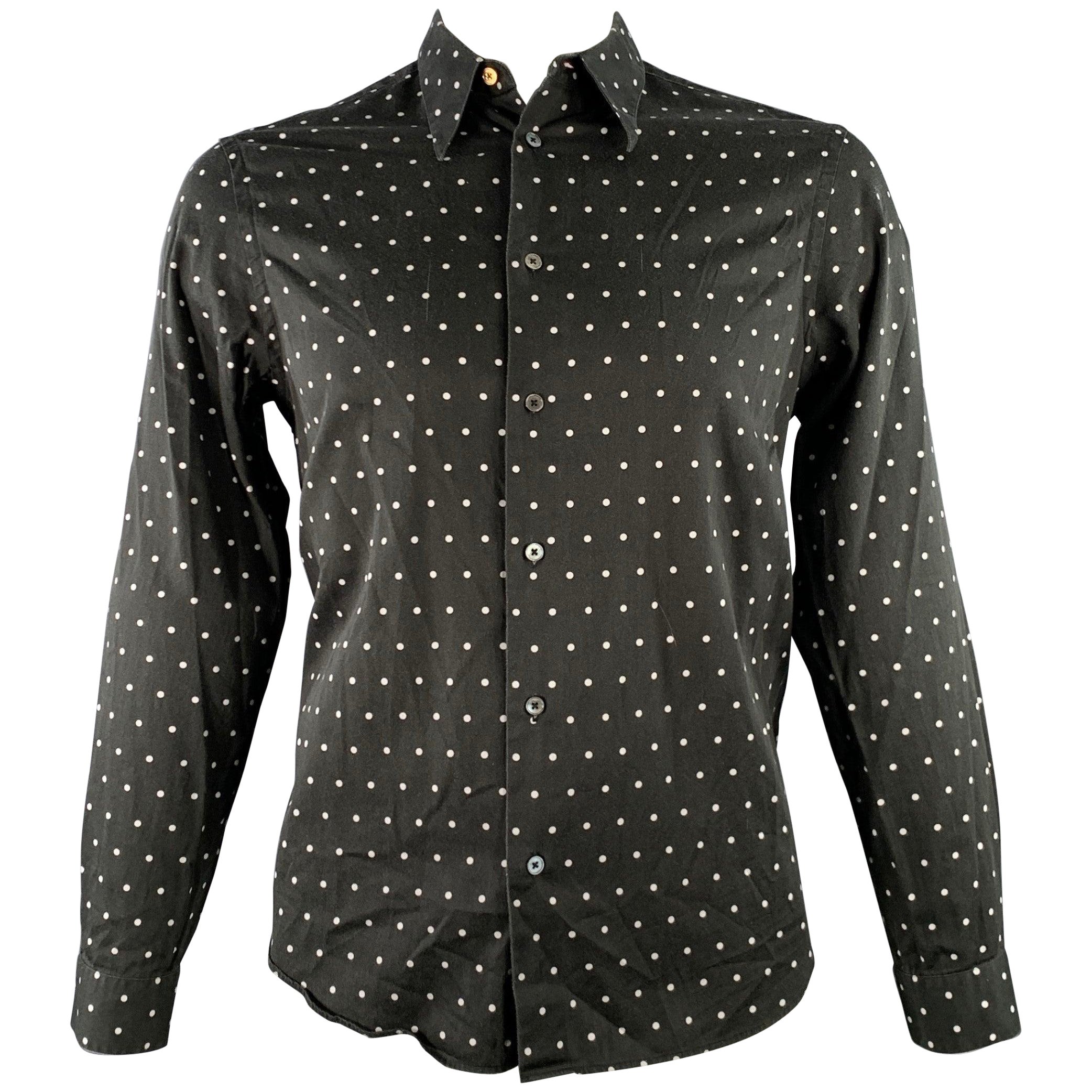 PAUL SMITH Size L Black White Polka Dot Point Collar Cotton Long Sleeve Shirt For Sale