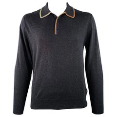 PAUL SMITH Size L Grey Contrast Trim Cotton Merino Wool Long Sleeve Polo