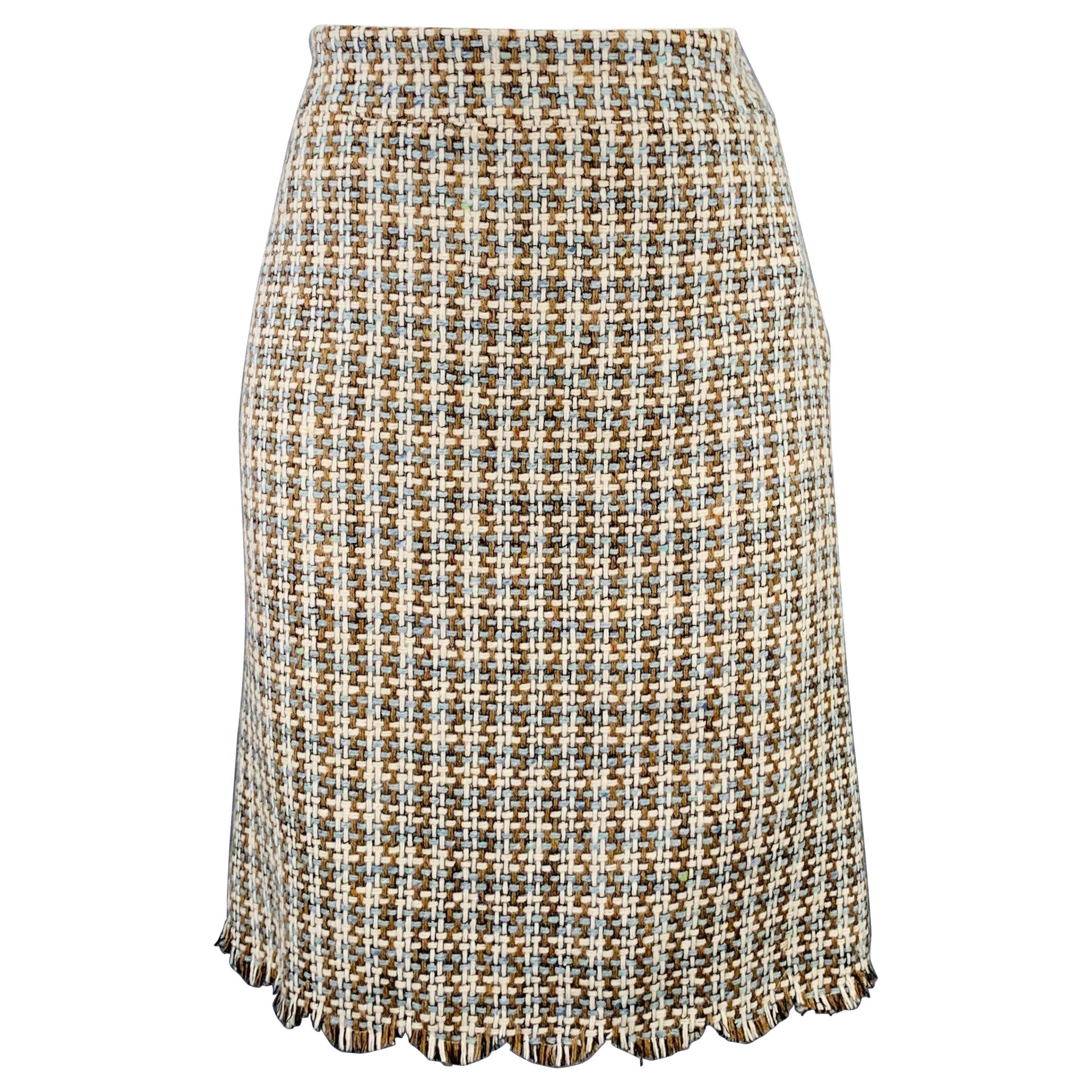 MOSCHINO Size 8 Brown Blue Cream Wool Woven Pencil Below Knee Scallop Hem Skirt