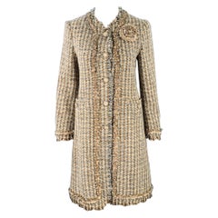 MOSCHINO Size 6 Brown Blue Cream Wool Woven Floral Embellishment Raw Edge Coat
