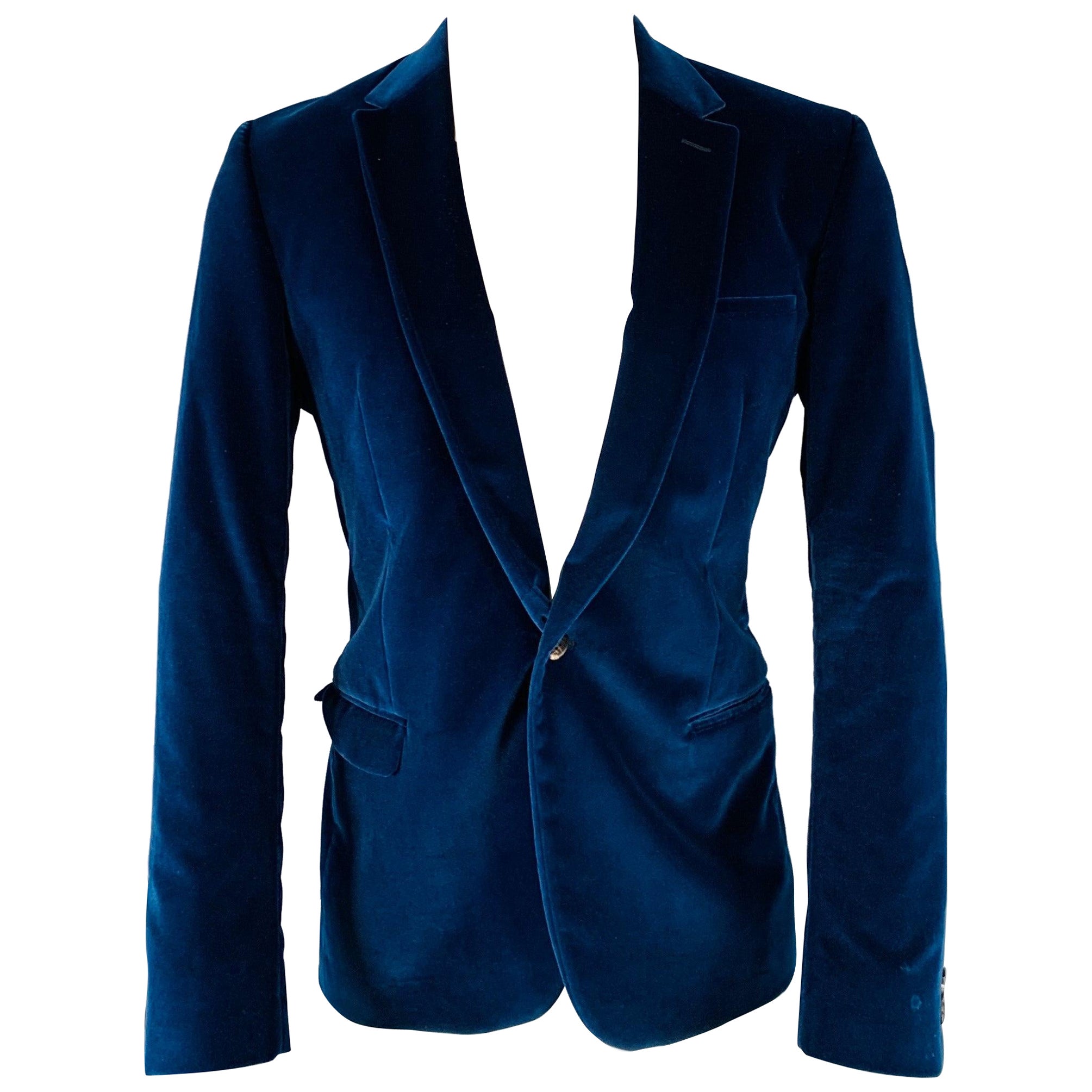 CALVIN KLEIN COLLECTION Size 40 Blue Velvet Cotton Blend Notch Lapel Single Button Sport Coat For Sale