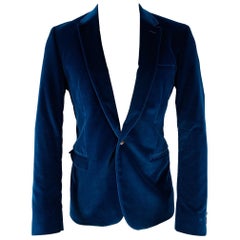CALVIN KLEIN COLLECTION Size 40 Blue Velvet Cotton Blend Notch Lapel Single Button Sport Coat