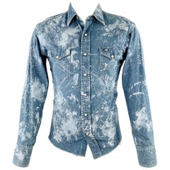 WRANGLER Taglia XS Blu Bianco Denim Paint Splatter Western Raw Edge Snaps Camicia a maniche lunghe