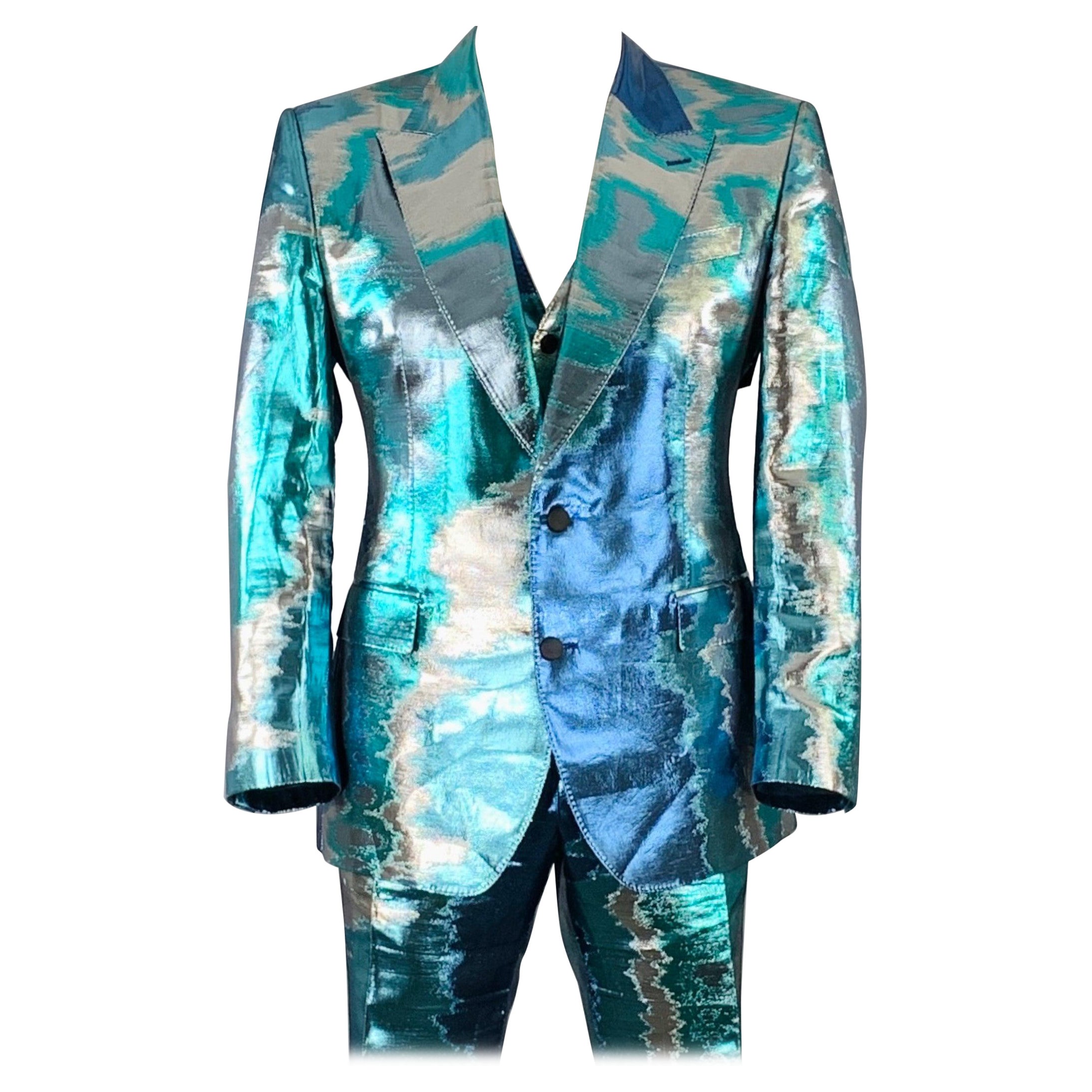 DOLCE & GABBANA Silicia Größe 46 Blau Silber Metallic Marmoriert Polyester Seide 3 Stück Anzug