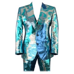 DOLCE & GABBANA Silicia Size 46 Blue Silver Metallic Marbled Polyester Silk 3 Piece Suit