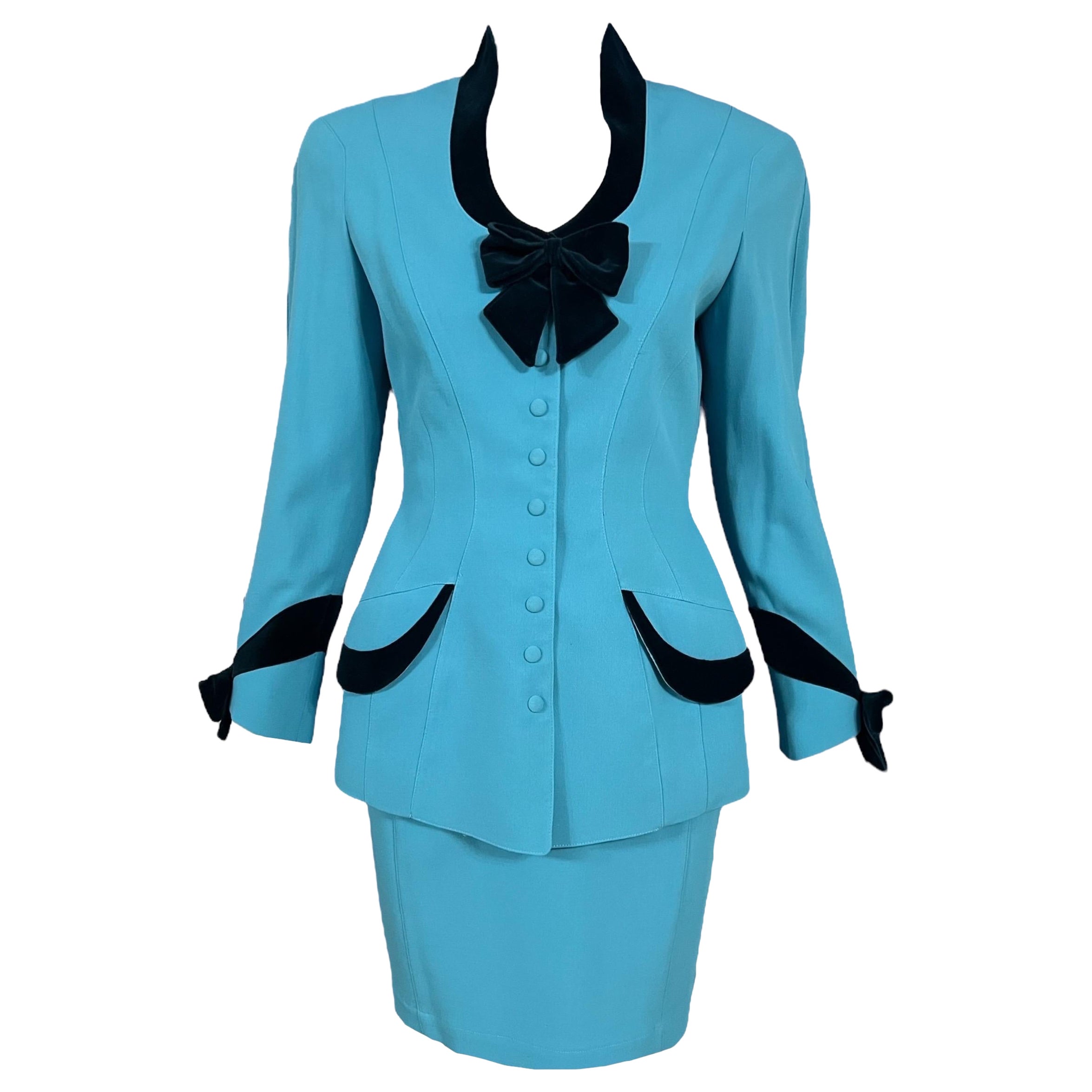 1990's Thierry Mugler Blue Velvet Trim Skirt Suit