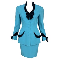 1990's Thierry Mugler Blue Velvet Trim Skirt Suit