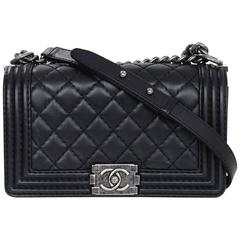 Chanel Black Calfskin Leather Quilted Old Medium Boy Flap Bag