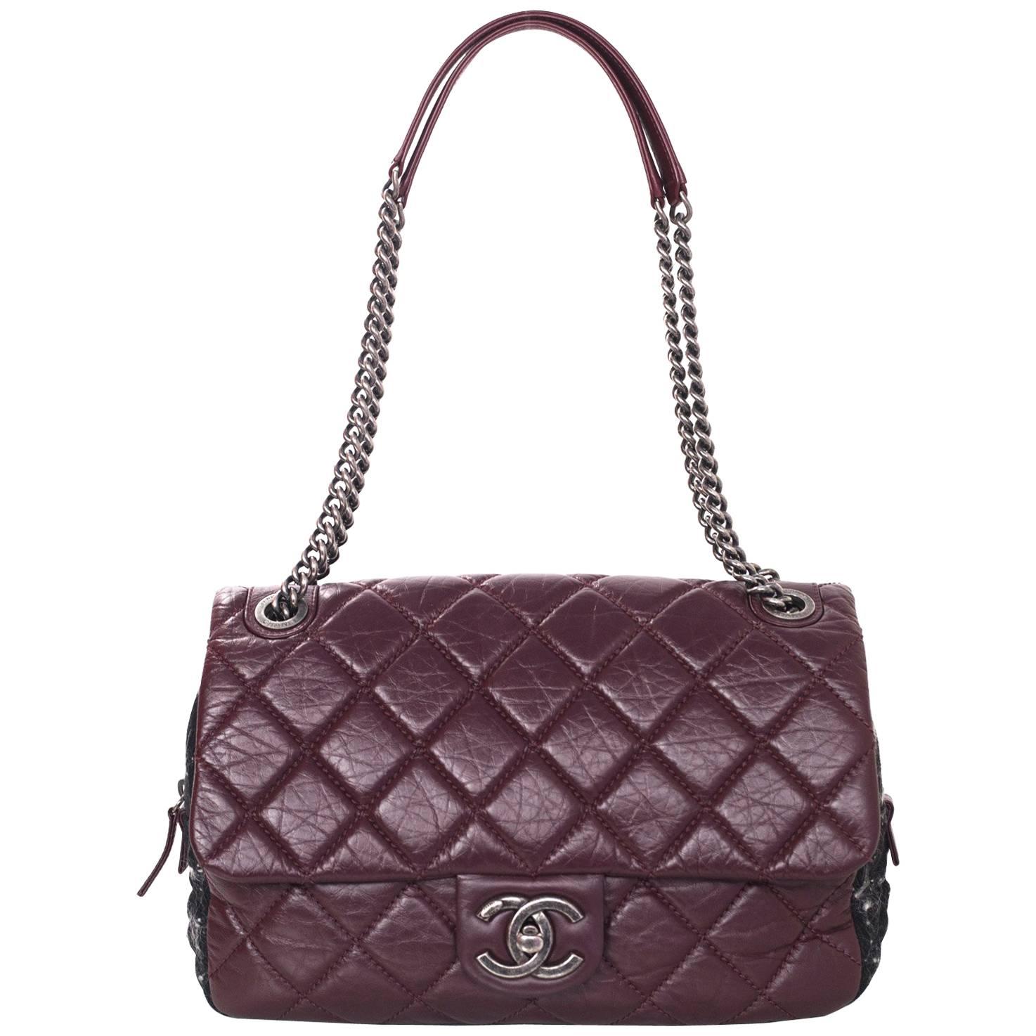 Chanel Burgundy Quilted Distressed Leather Quilted Flap Bag w/ Tweed Trim 