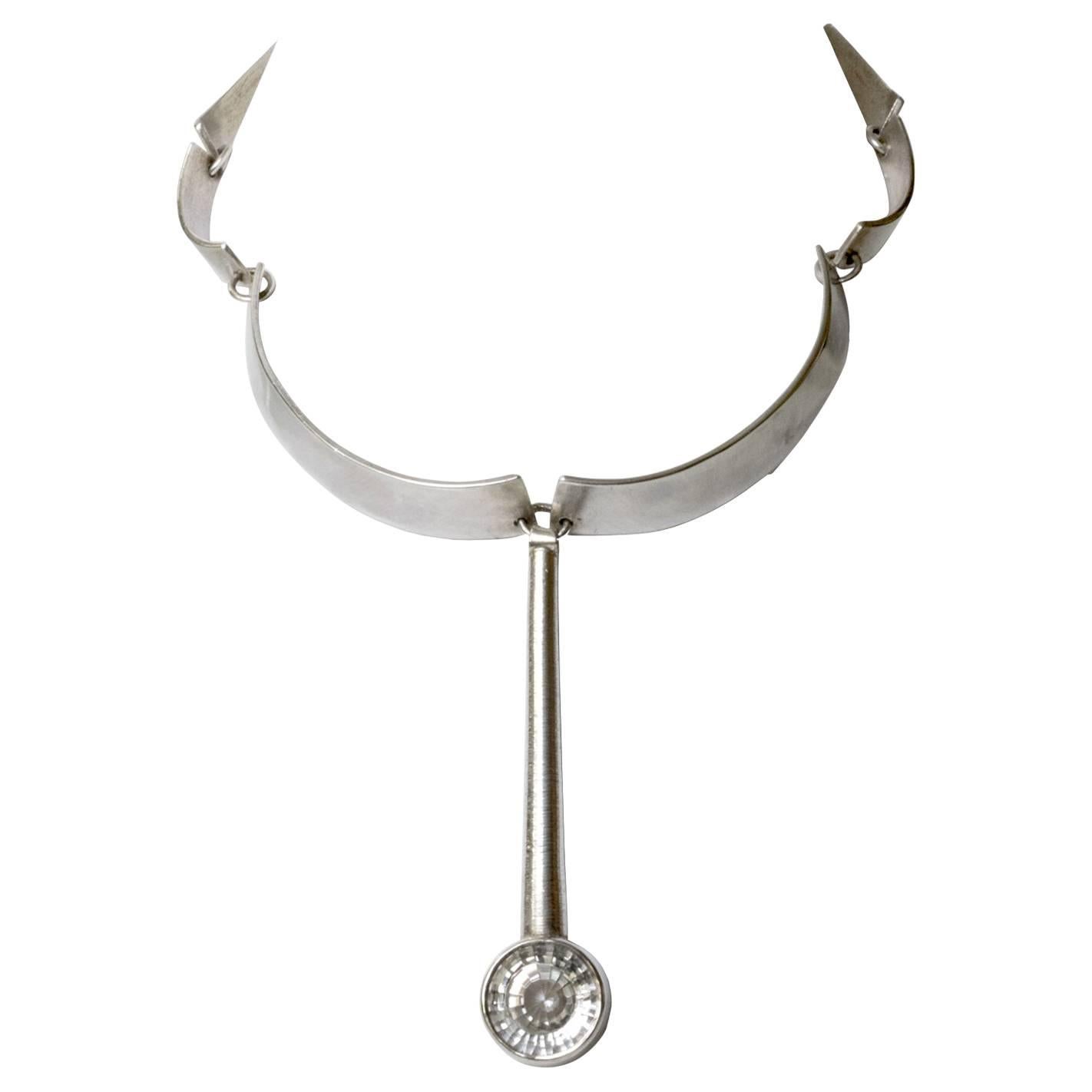Scandinavian mdoern Silver necklace, with Rock crystal pendant by Alstrom. For Sale