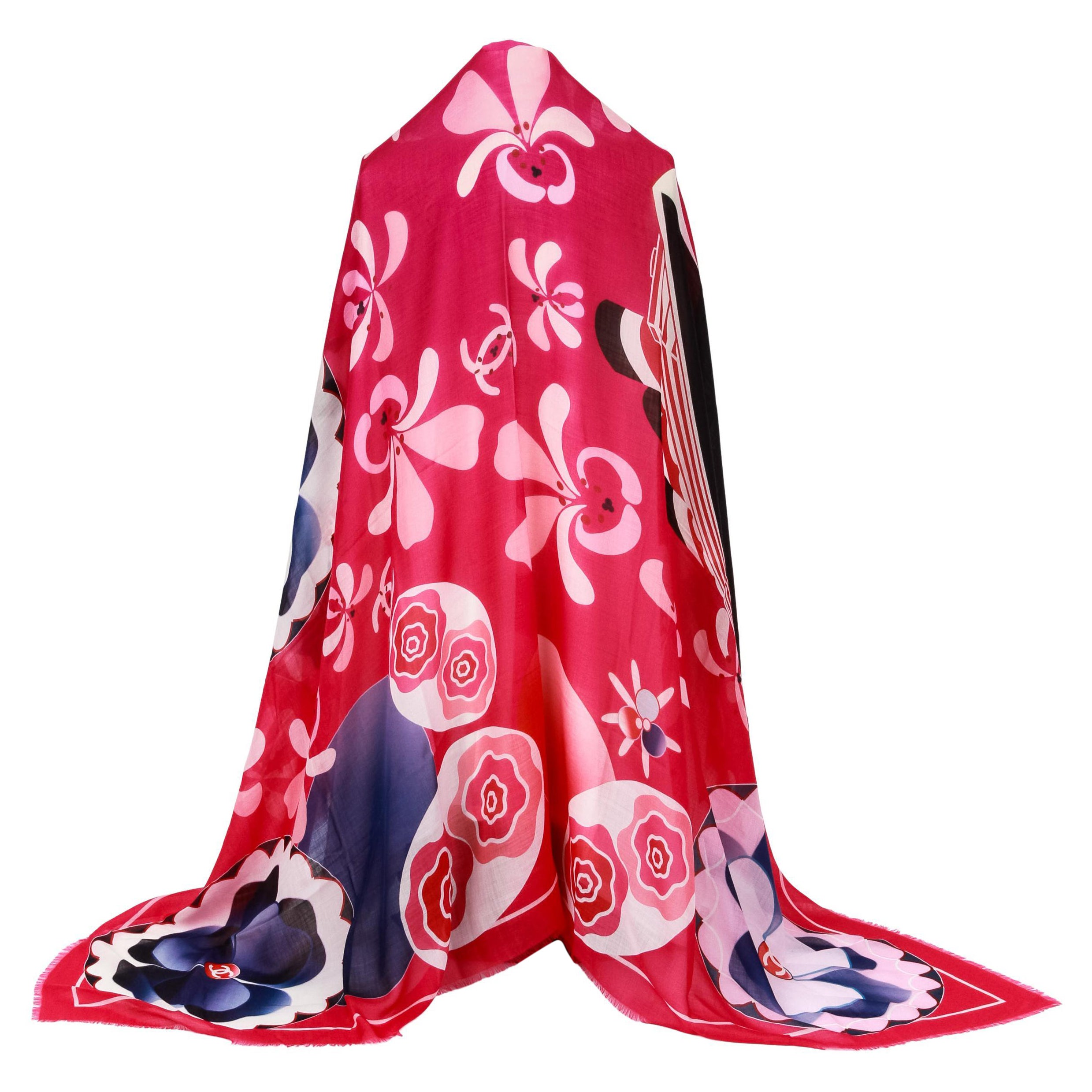 New Chanel Floral Graphic Red Cashmere Shawl Scarf 54" For Sale
