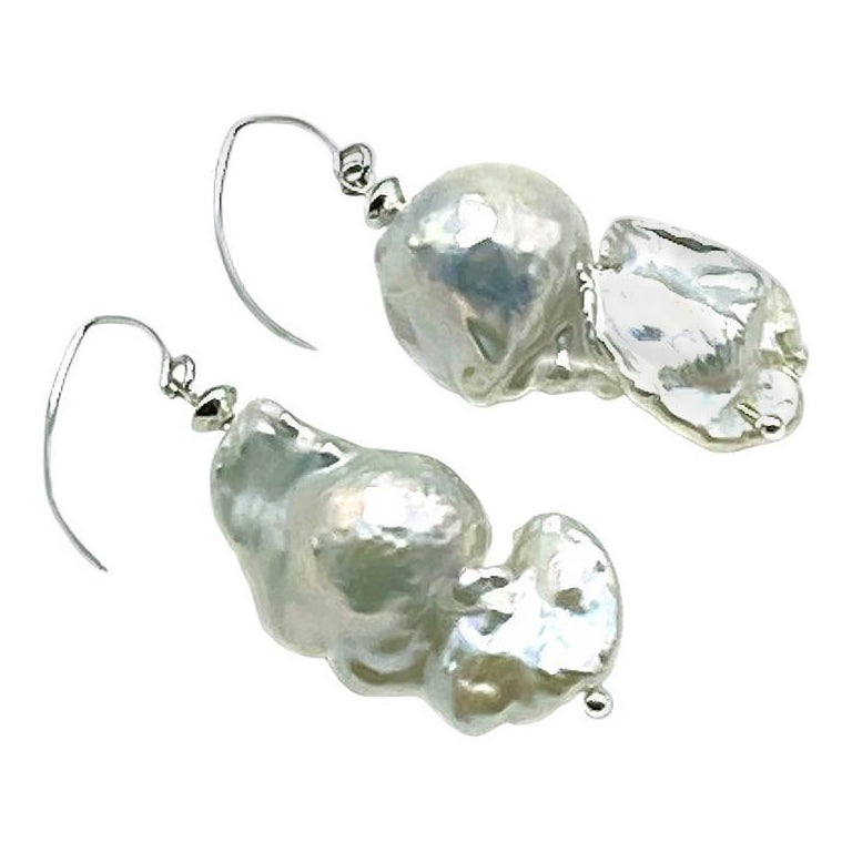 Natural Baroque Fireball Pearl Dangling Sterling Silver Earrings