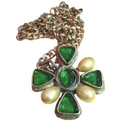 CHANEL 60s Green Gripoix and Pearl Iron Cross Pendant Necklace