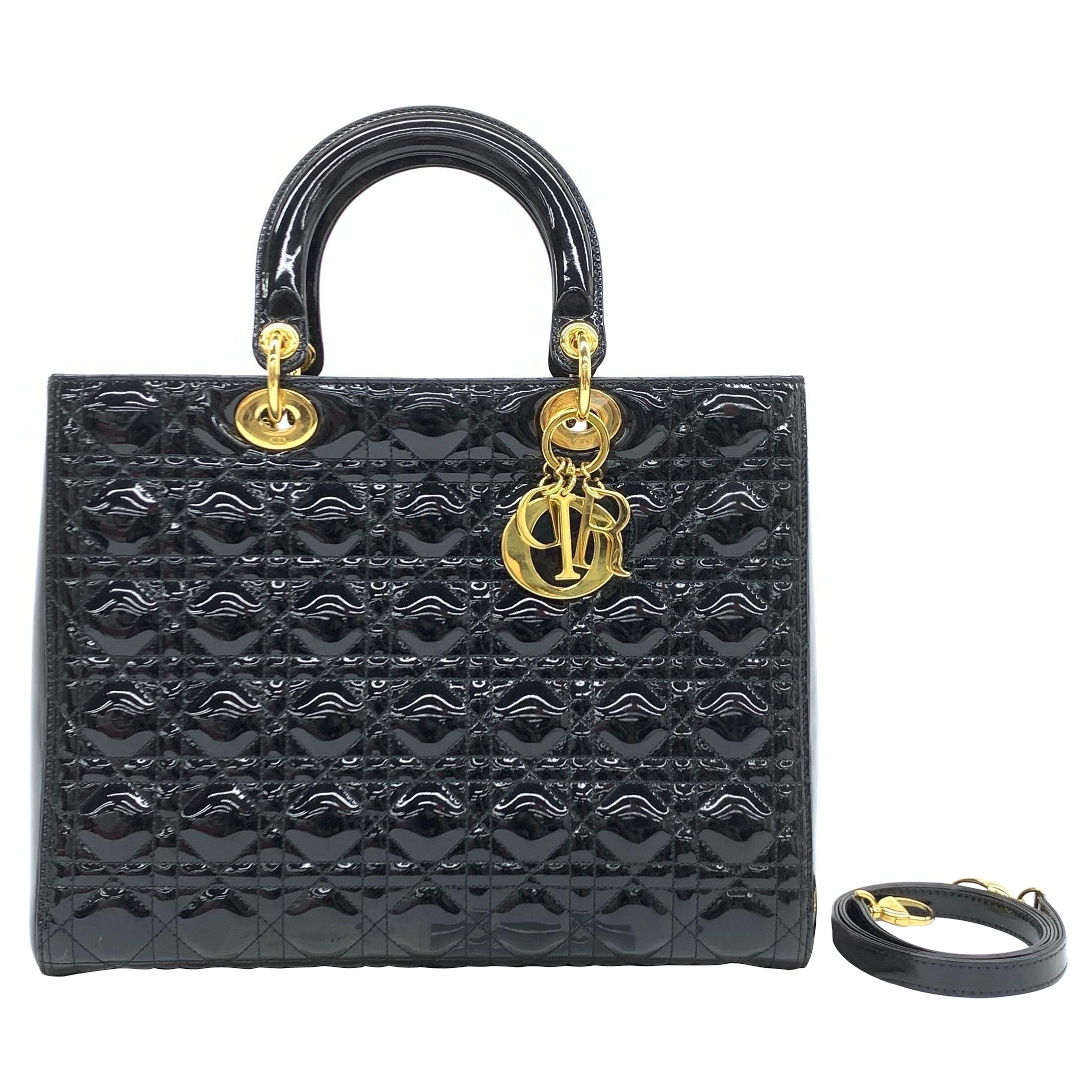 Lady Dior Large Black Patent Leather Gold Hardware
