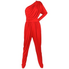 HALSTON c.1970's Red Spandex One Shoulder Draped Jumpsuit (combinaison drapée à une épaule)