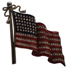 Classic Vintage 1940s Rhodium and Enamelled American USA Unfurled Flag Brooch Pin