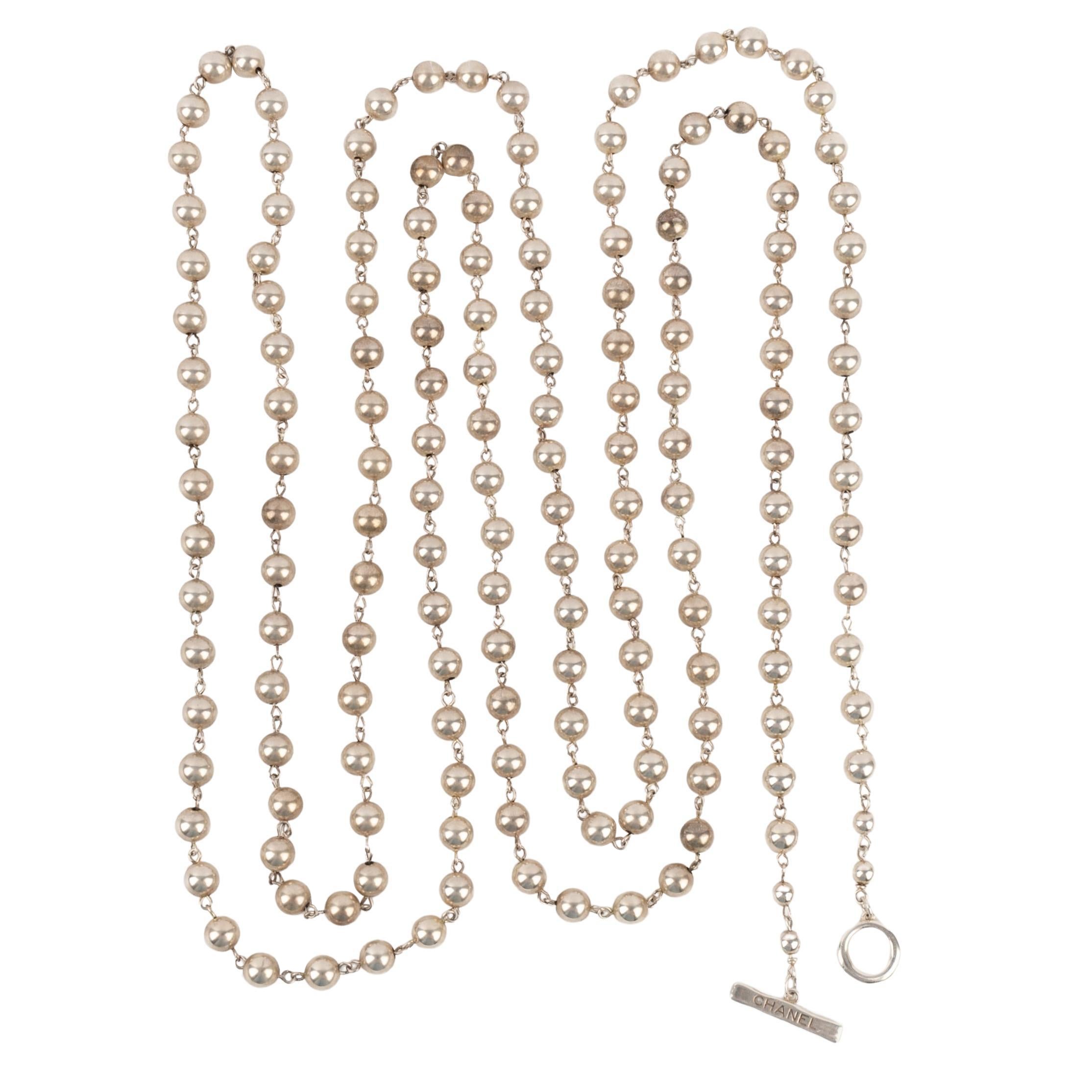 Chanel Silvery Metallic Pearls Long Necklace