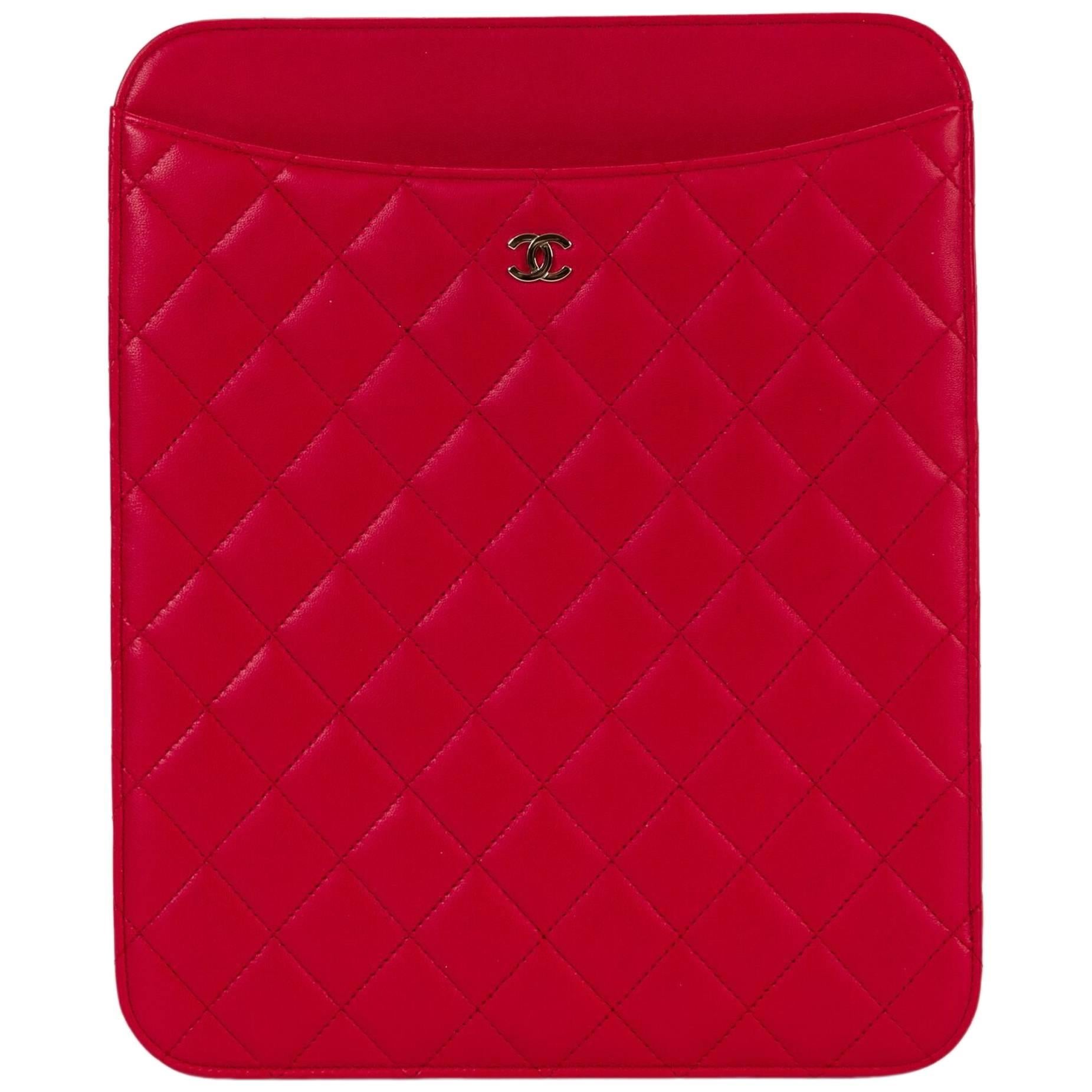New in Box Chanel Red Ipad Quilted Red Leather Case