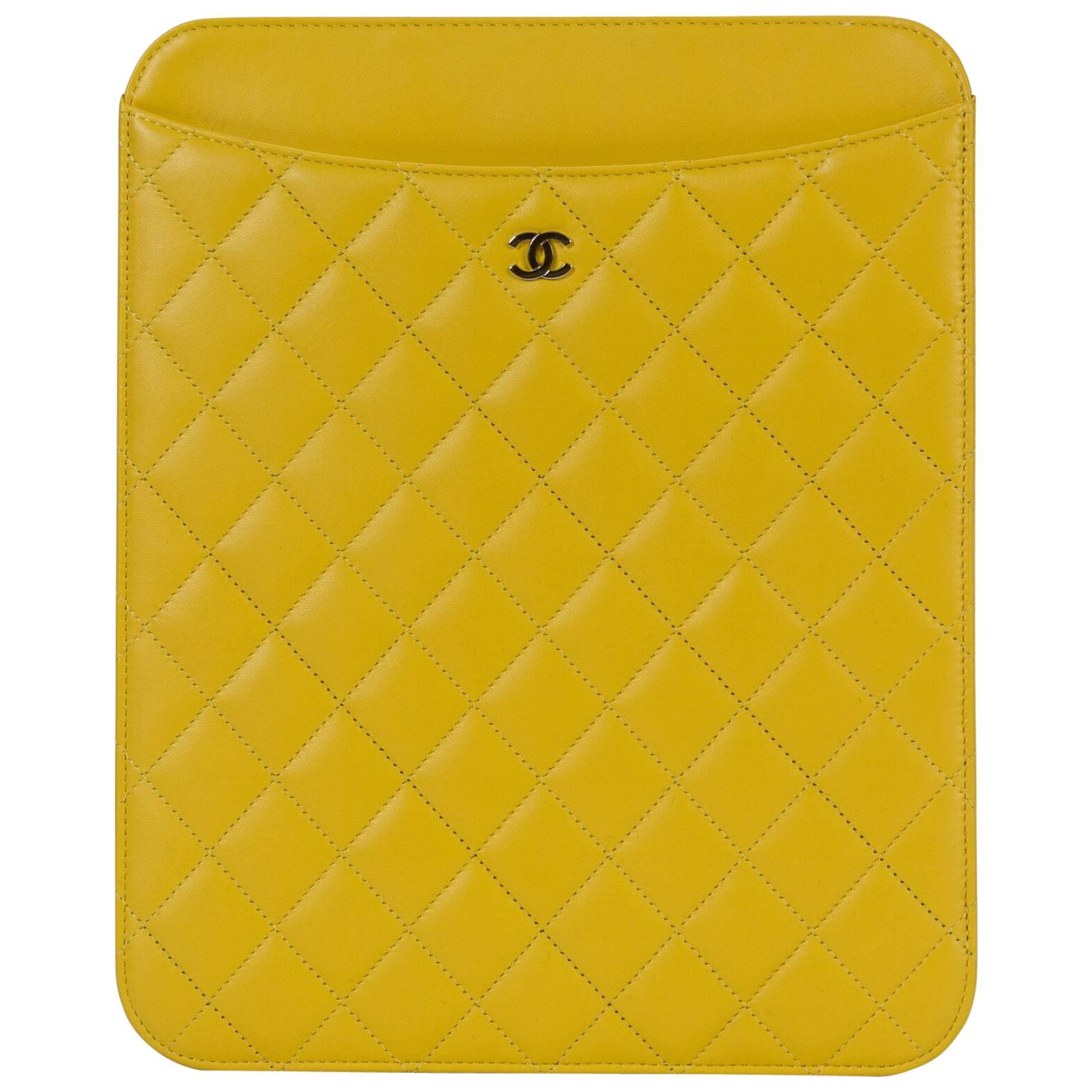 New in Box Chanel Yellow Quilted Leather Ipad Case