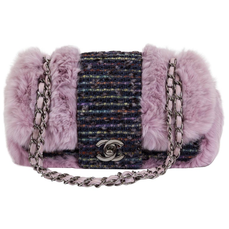 Chanel Glicine Lapin Fur and Tweed Single Flap Bag at 1stDibs