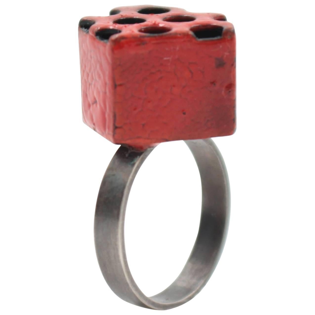 Steel, Enamel, Sterling Silver Ring (Perforated, Red) For Sale