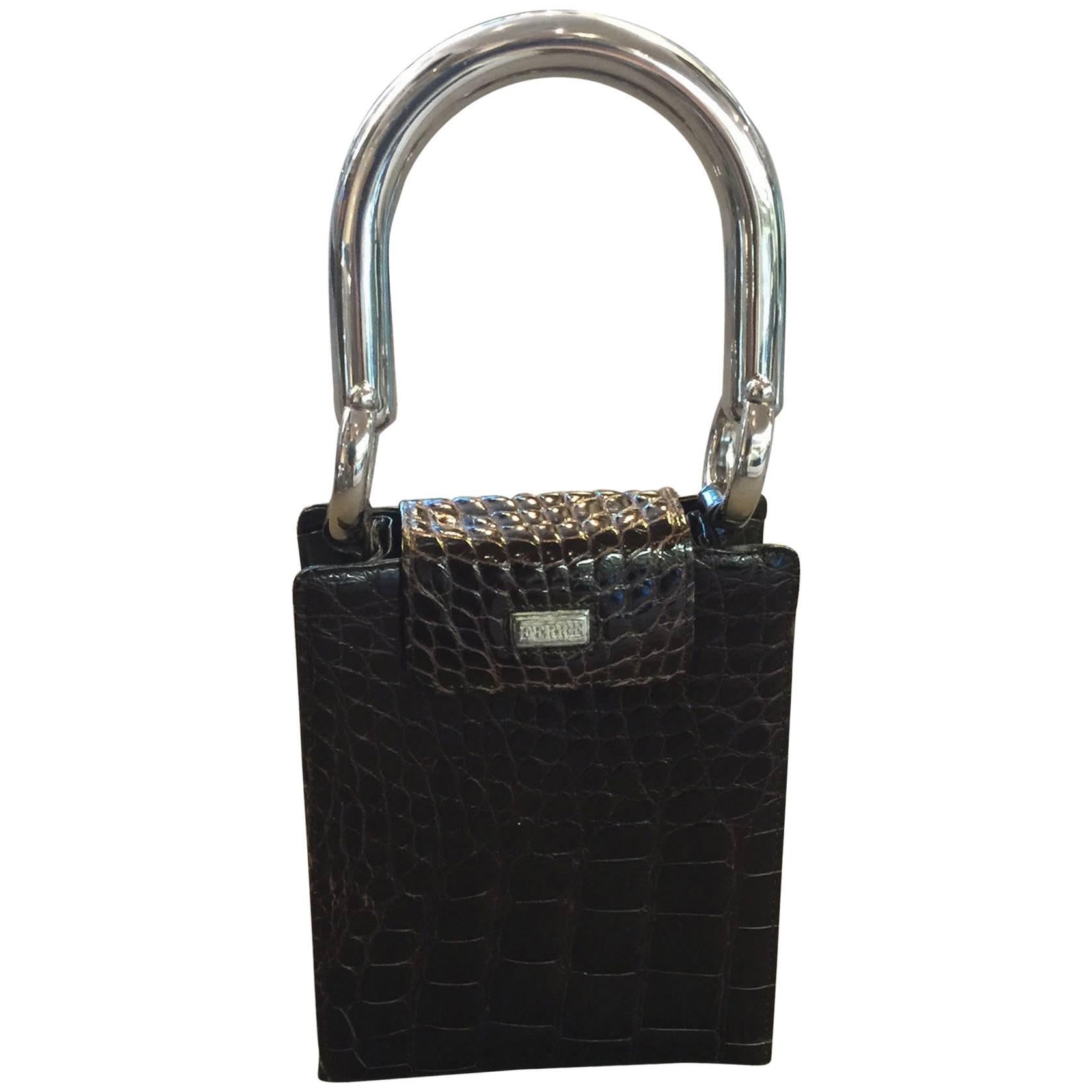 RARE Gianfranco FERRE Crocodile Purse Handbag Amazing Sterling Silver Handle For Sale