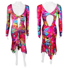 Versace S/S 2004 Runway Cutout Plunging Neckline Ruffled Floral Print Dress
