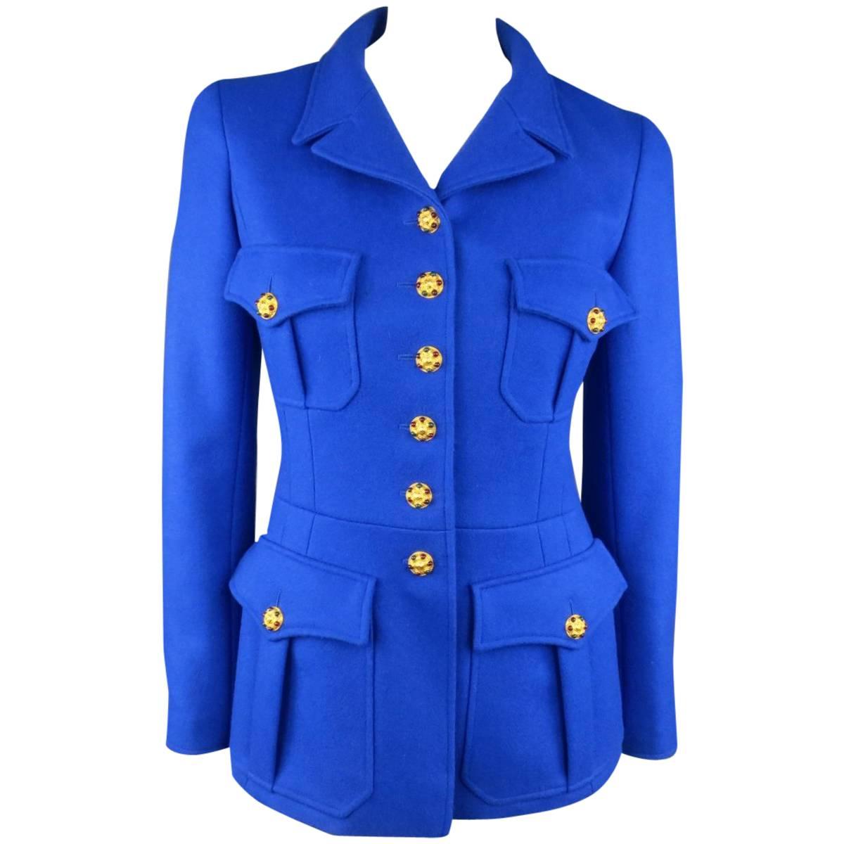 CHANEL F/W 1996 Size 6 Royal Blue Wool Gold Jeweled Button Military Jacket
