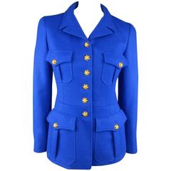 CHANEL F/W 1996 Taille 6 Royal Blue Wool Gold Jeweled Button Military Jacket