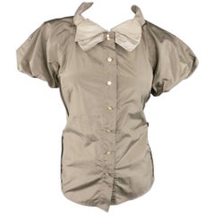 Marc Jacobs Taupe and Beige Silk Ballon Sleeve Bow Blouse Top Shirt  