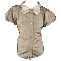 MARC JACOBS Size 8 Taupe & Beige Silk Ballon Sleeve Bow Blouse 5