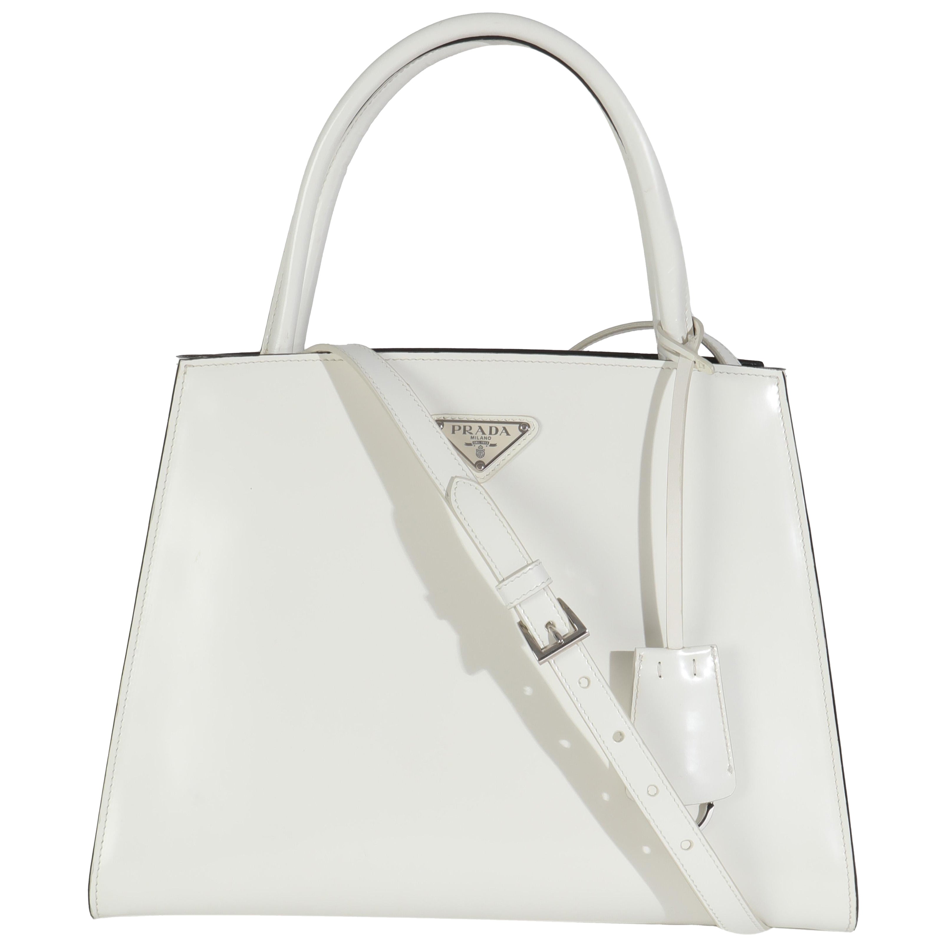 Prada White Spazzolato Trapeze Logo Plaque Tote
