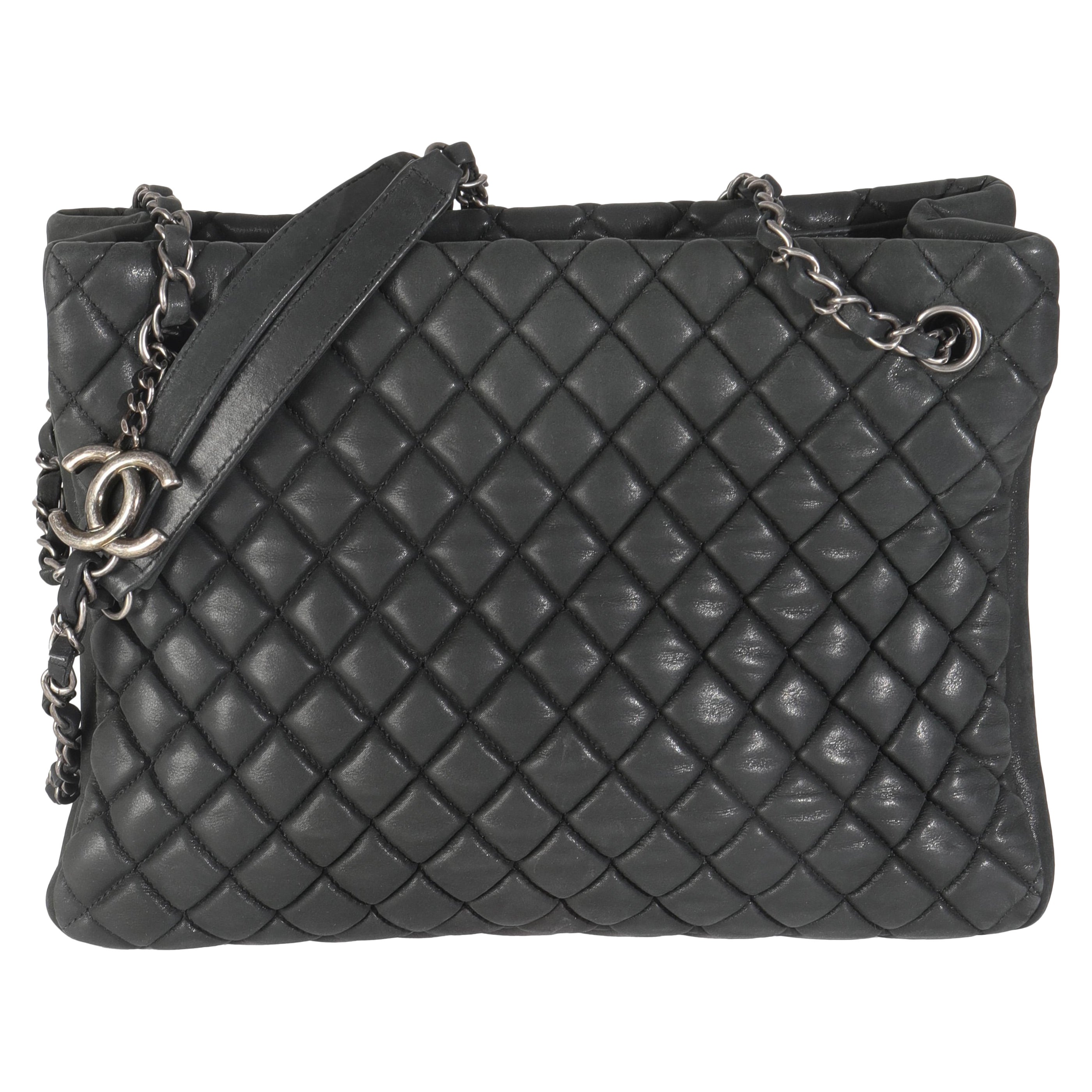 Chanel Dark Grey Iridescent Calfskin Small New Bubble Quilt Tote For Sale
