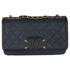 Chanel Navy Black Quilted Caviar Medium CC Filigree Flap Handbag