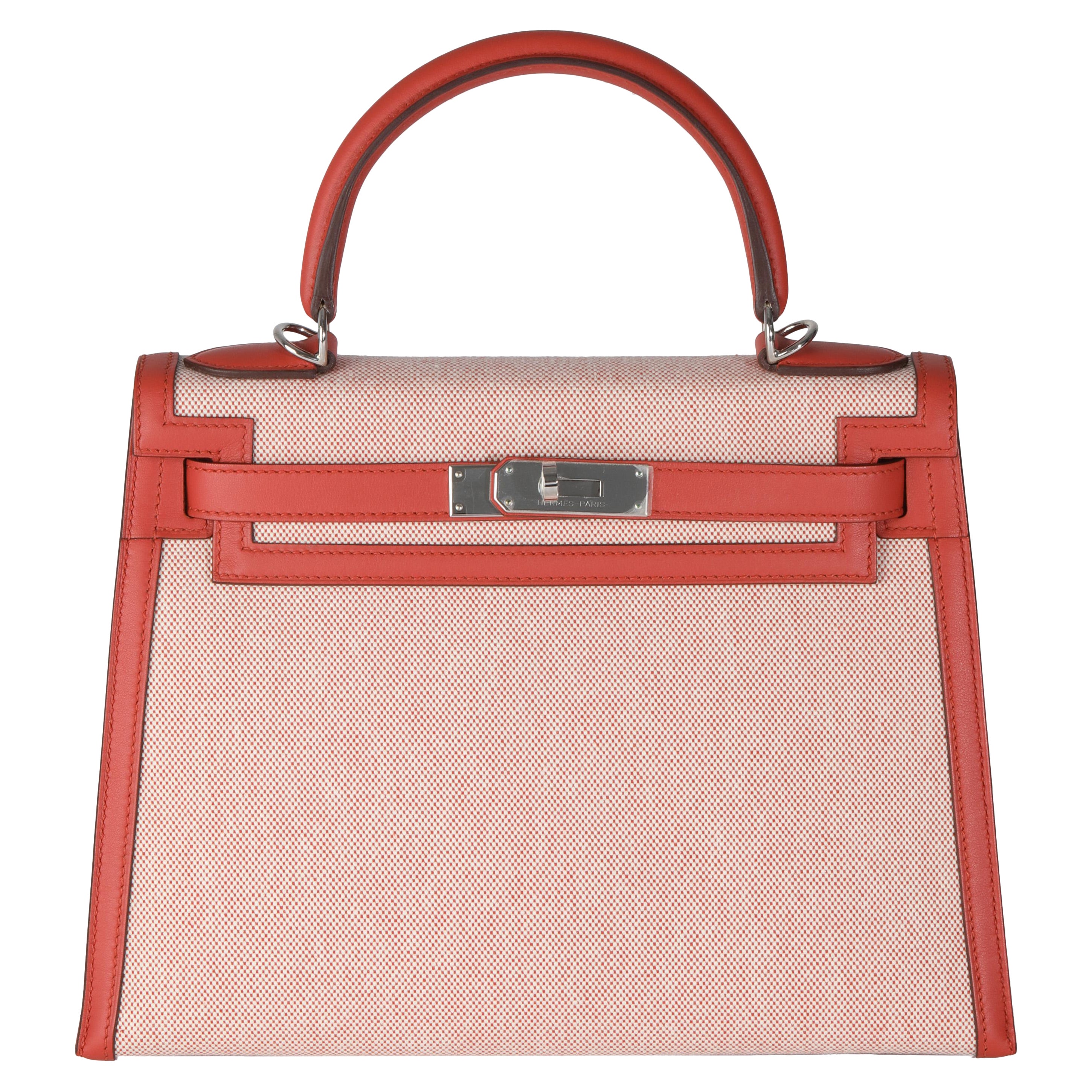 Hermès Ecru Brique Terre Battue Toile Quadrille Swift Sellier Kelly 28 PHW For Sale