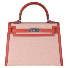 Hermès Ecru Brique Terre Battue Toile Quadrille Swift Sellier Kelly 28 PHW
