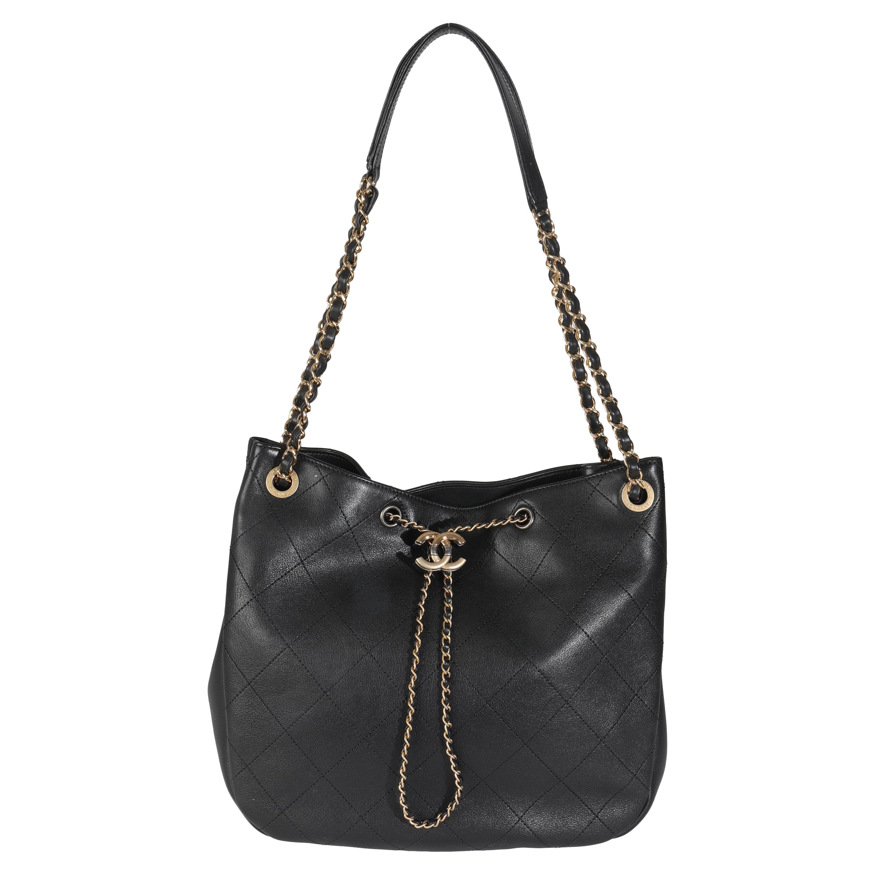 Chanel 19B Black Quilted Lambskin CC Drawstring Hobo For Sale