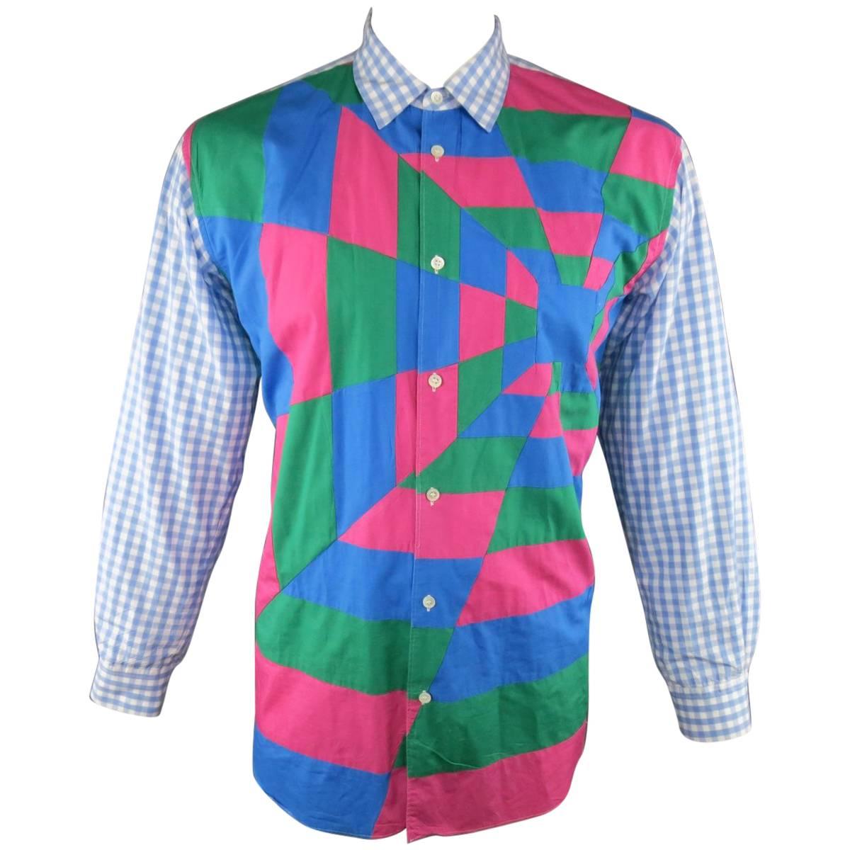 COMME des GARCONS XL Light Blue Gingham Pink & Green Geometric Patchwork Shirt