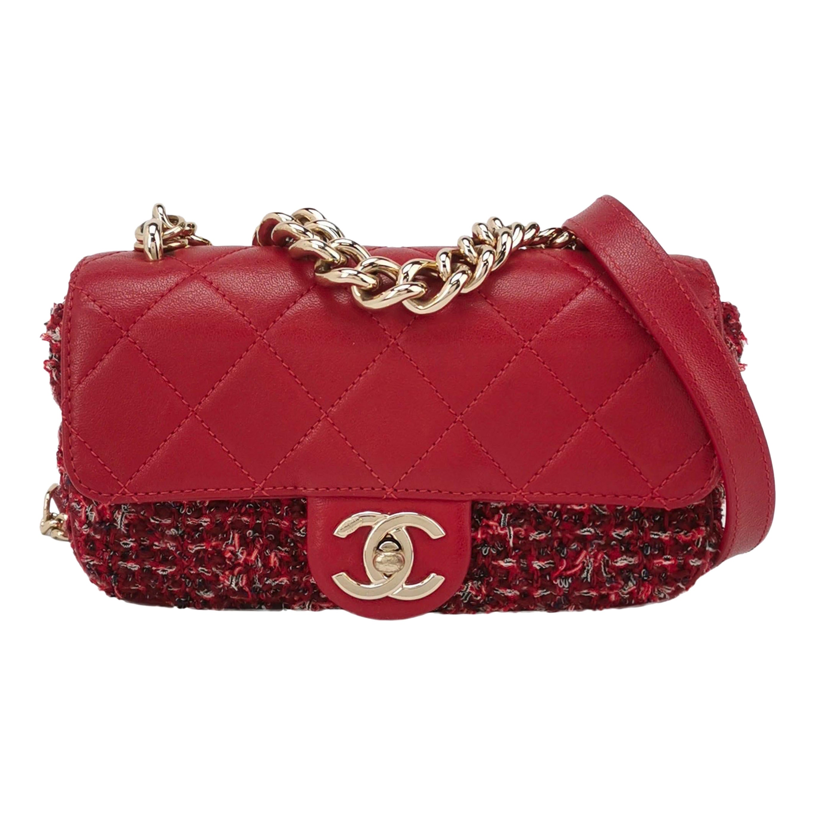 Chanel Red CC Mini Matelasse Tweed Leather Flap Chain Bag Gold Hardware For Sale