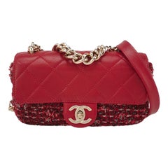 Chanel Red CC Mini Matelasse Tweed Leather Flap Chain Bag Gold Hardware