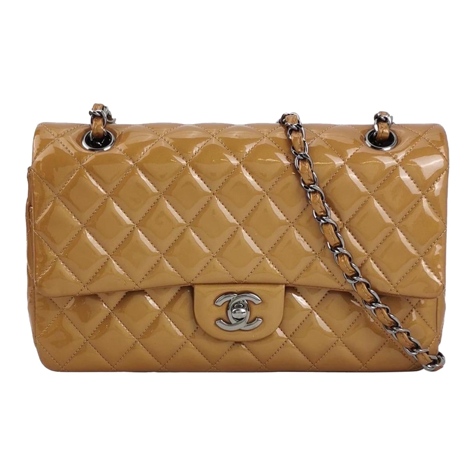 Chanel Timeless Classic Flap Medium Beige Gold Patent Leather Silver Hardware For Sale