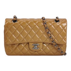 Chanel Timeless Classic Flap Medium Beige Gold Patent Leather Silver Hardware